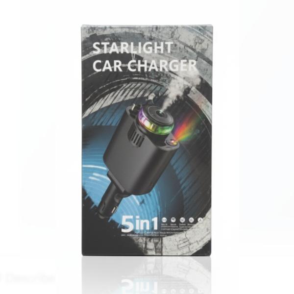 CAR PD 45W / CARGADOR DE CARRO 5 EN 1 CON CABLE RETRACTIL IPH Y TIPO C RETRACTIL PD 45W AROMATERAPIA Y LUZ ESTELAR ROJA O MORADA