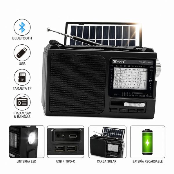 RAD RX 366S / RADIO CON PANEL SOLAR / AM FM / BLUETOOTH / ENTRADA PARA MICRO SD Y USB/ LINTERNA LED INTEGRADA